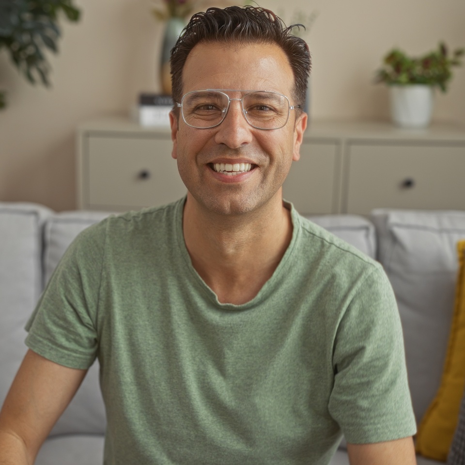 Hispanic man smiling indoors in a cozy home living room setting, surrounded by plants and modern furniture, creating a warm and inviting atmosphere.