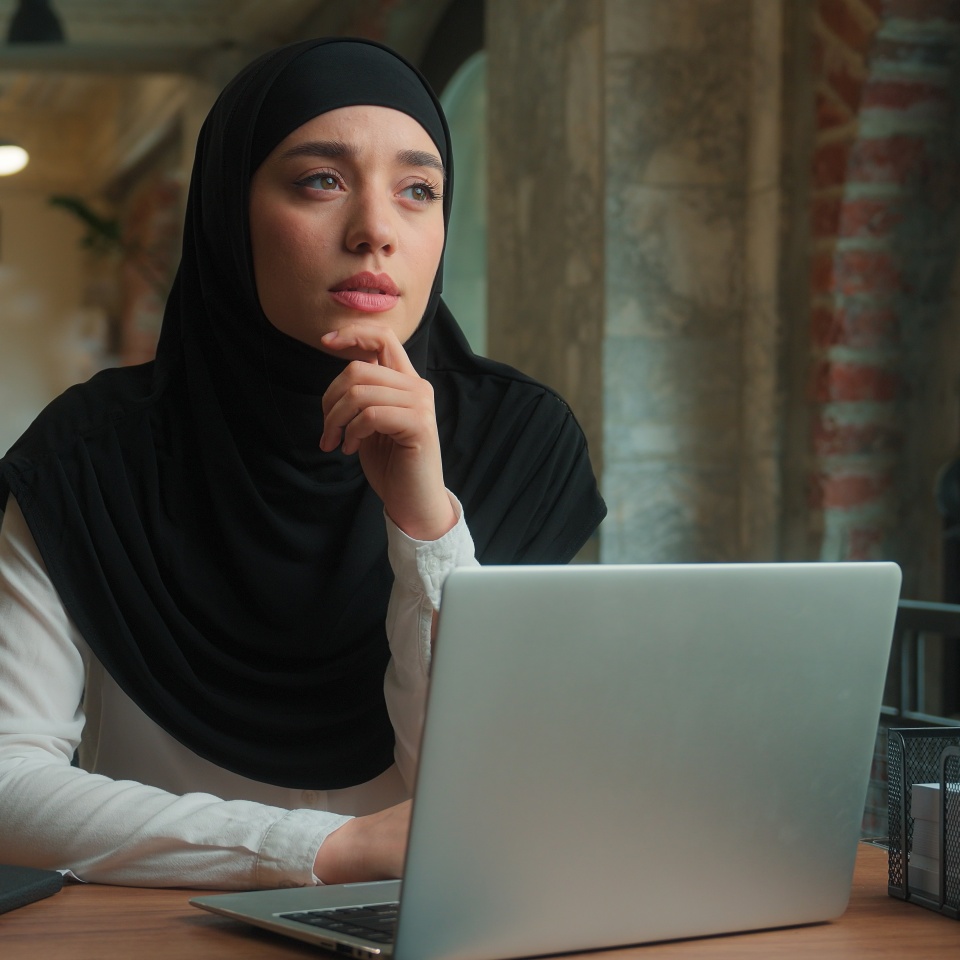 Sad upset Muslim islamic woman in hijab girl businesswoman Arabian student frustrated stressed depressed business lady office manager female employer think problem solution thoughtful deep thoughts