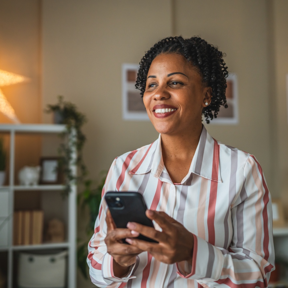 mature african american woman use mobile phone in the living room