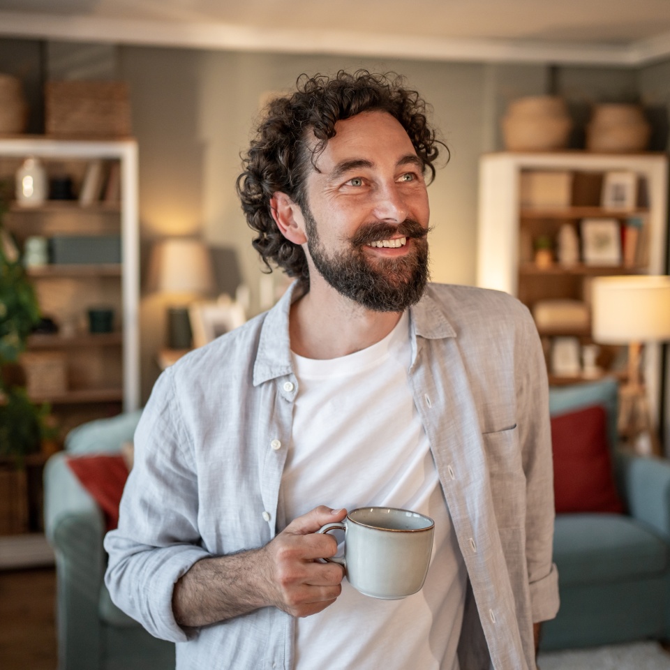 Smiling man with curly hair and a beard holds a mug of coffee, savoring a peaceful moment in his cozy living room, embracing tranquility and comfort during a leisurely morning at home
